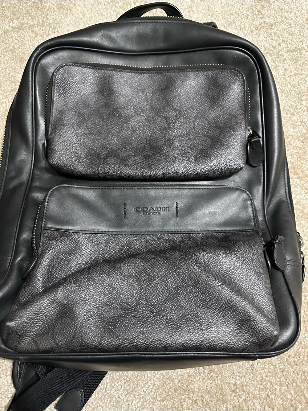 Coach Black Leather Men's Backpack with Signature Jacquard Panels